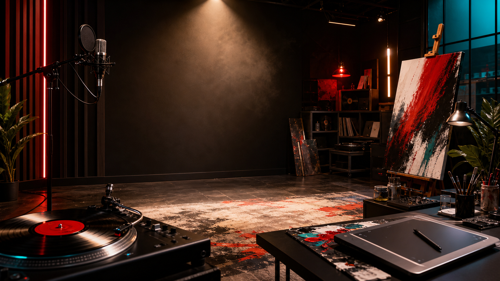 Creative studio scene with music and visual art equipment